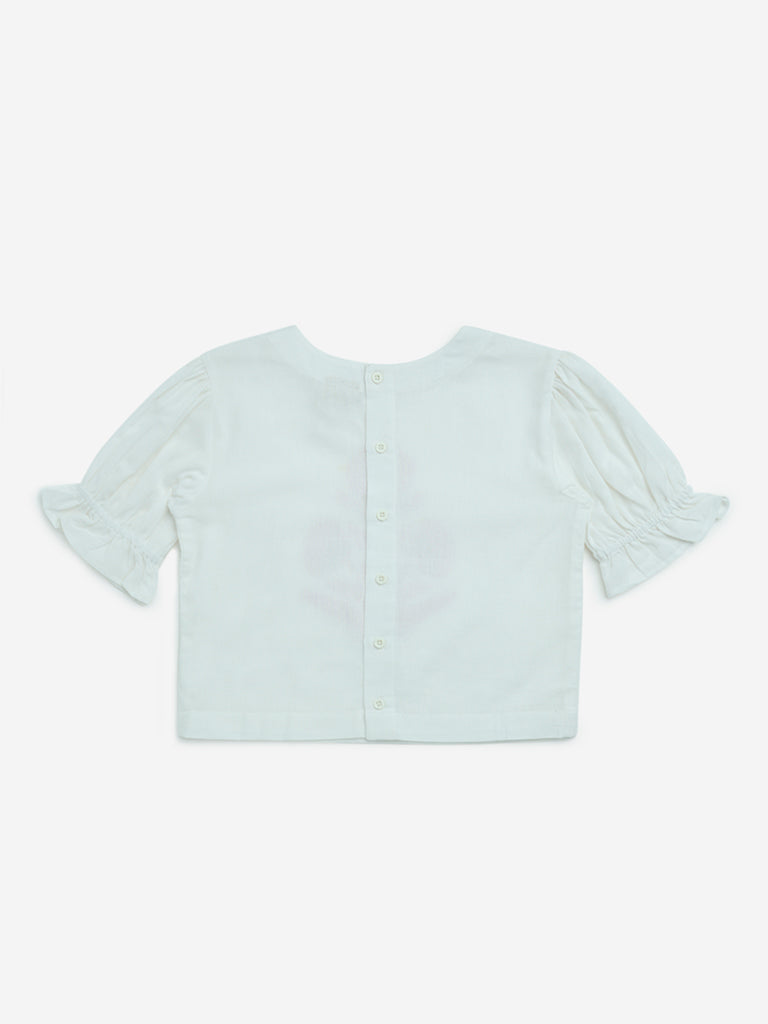 Utsa Kids White Floral Printed Cotton-Blend Top - (8-14yrs)
