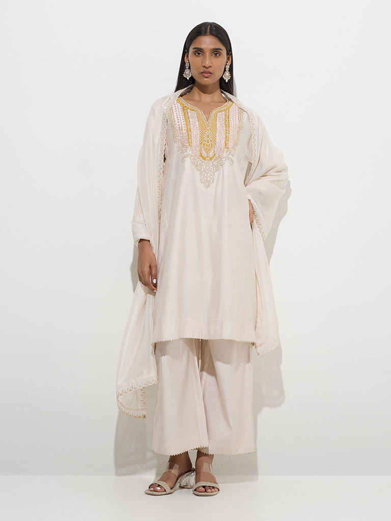 Vark Beige A-Line Kurta, Palazzos and Dupatta Set