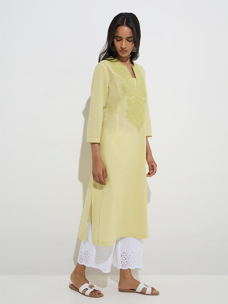 Utsa Lime Floral Embroidered Cotton A-Line Kurta