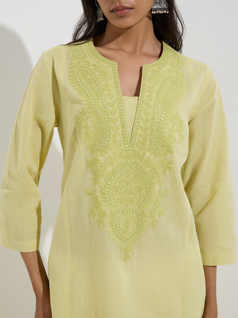 Utsa Lime Floral Embroidered Cotton A-Line Kurta