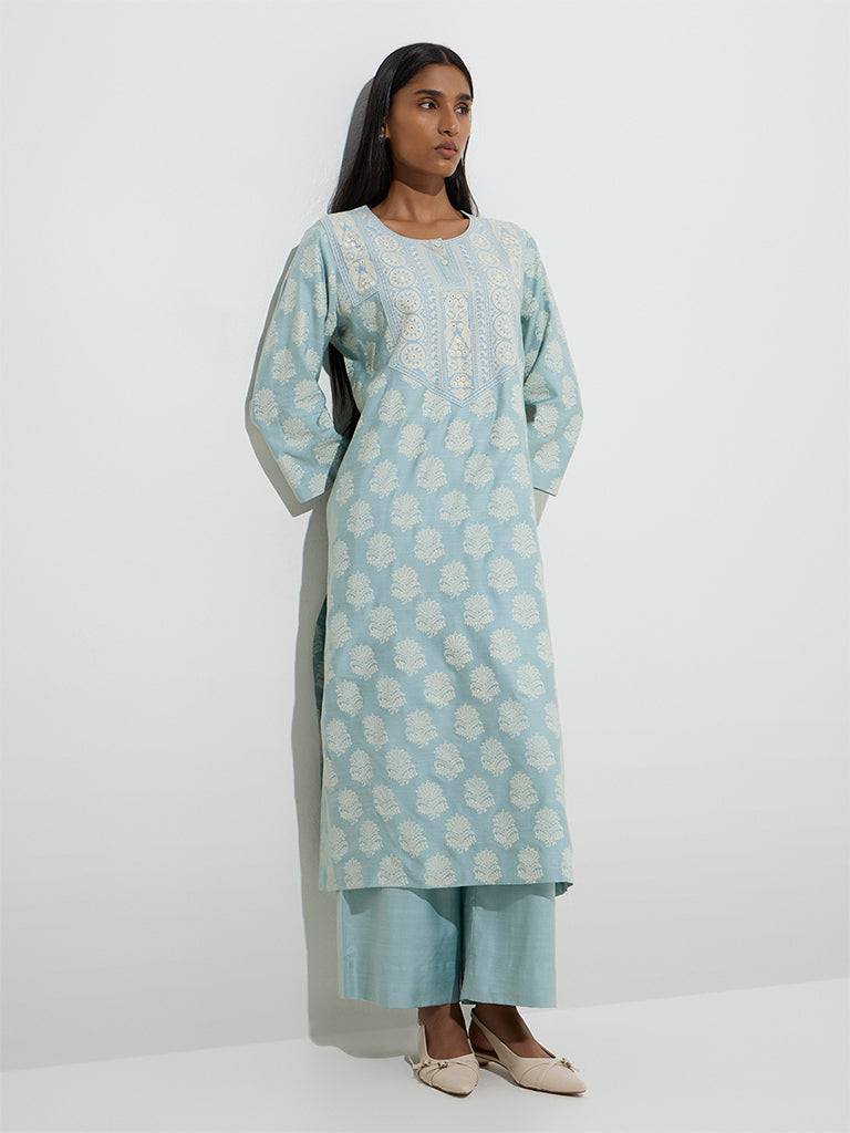 Zuba Dusty Blue Floral Pattern Straight Kurta