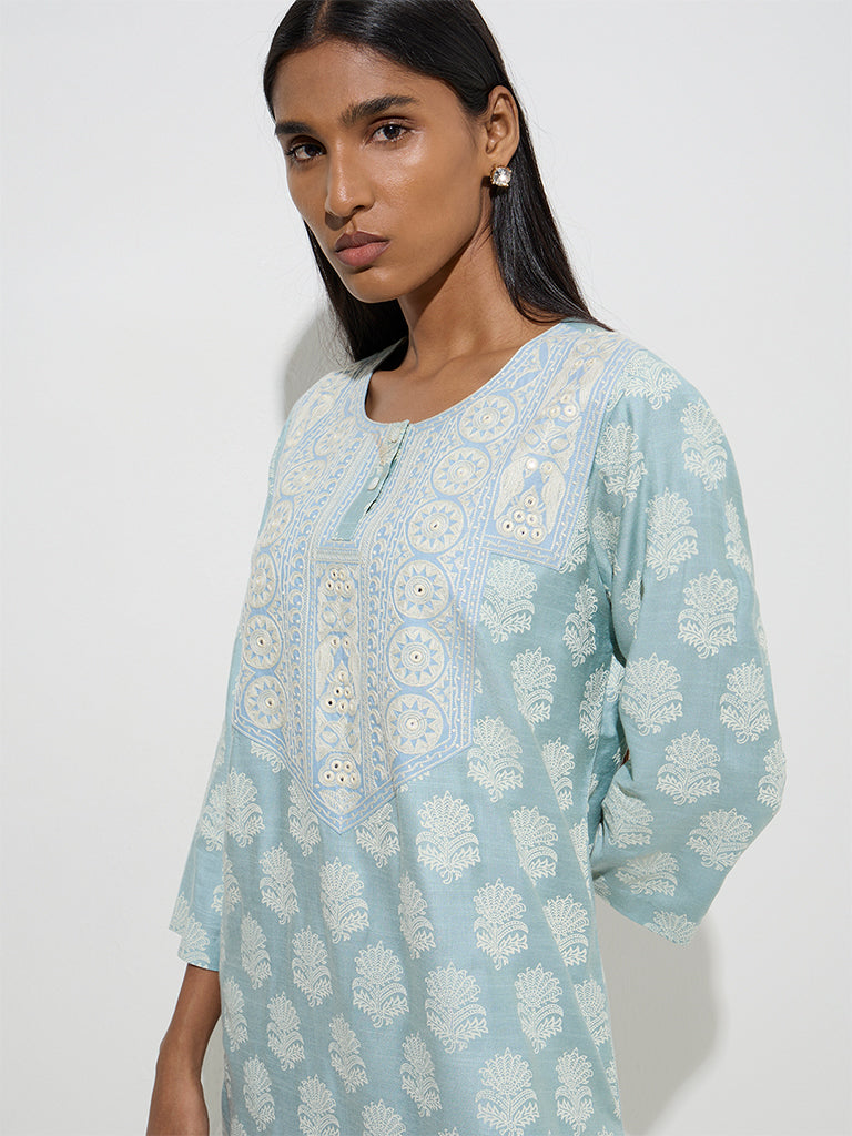 Zuba Dusty Blue Floral Pattern Straight Kurta
