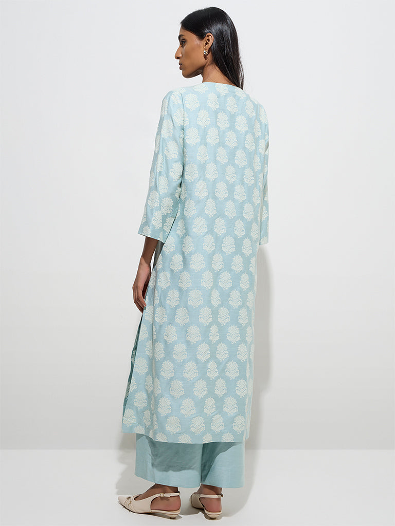Zuba Dusty Blue Floral Pattern Straight Kurta