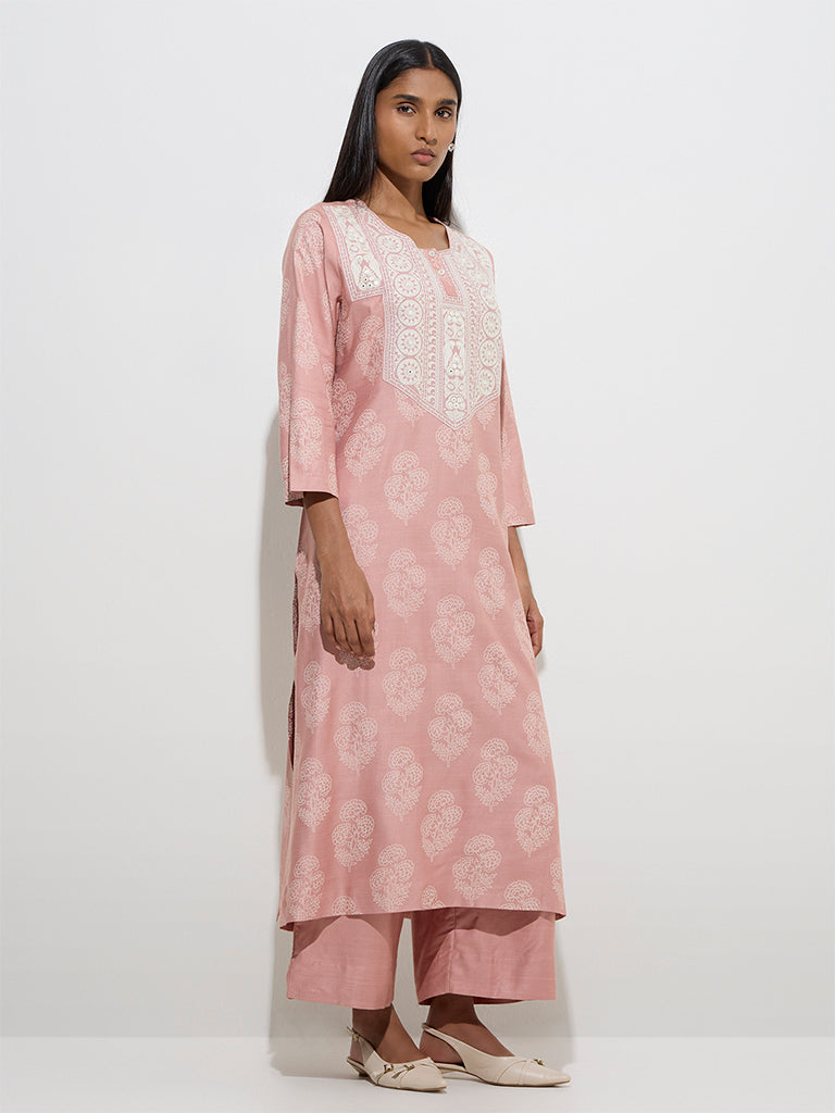 Zuba Dusty Pink Floral Printed Straight Kurta