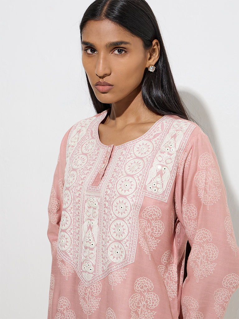Zuba Dusty Pink Floral Printed Straight Kurta