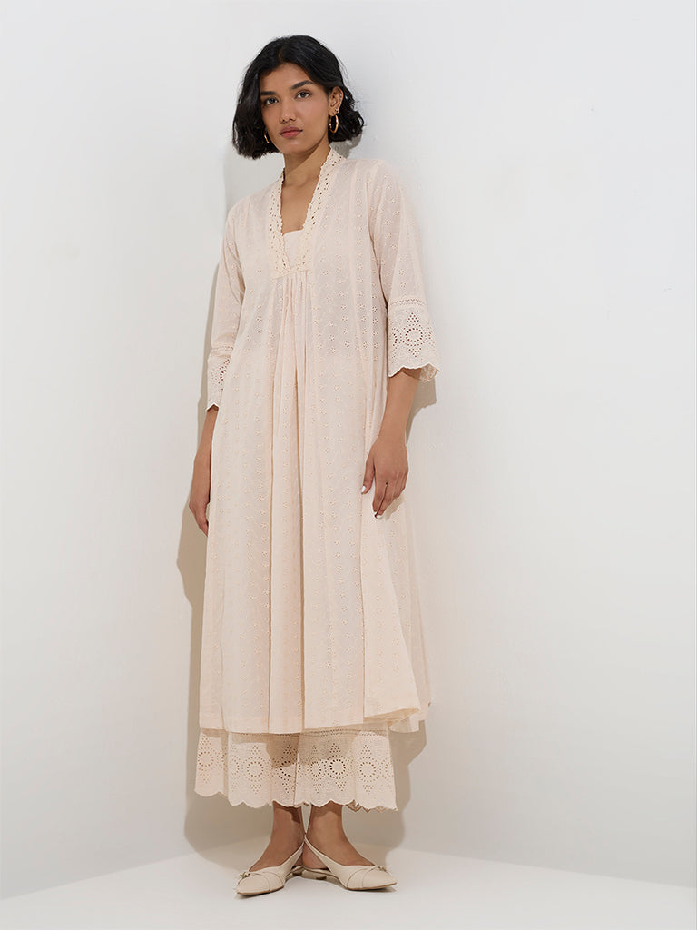 Zuba Beige Schiffli Design Cotton A-Line Kurta