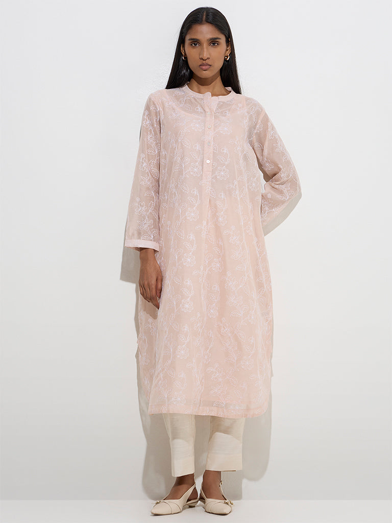 Zuba Dusty Peach Embroidered A-Line Cotton-Blend Kurta