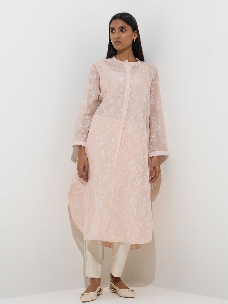 Zuba Dusty Peach Embroidered A-Line Cotton-Blend Kurta