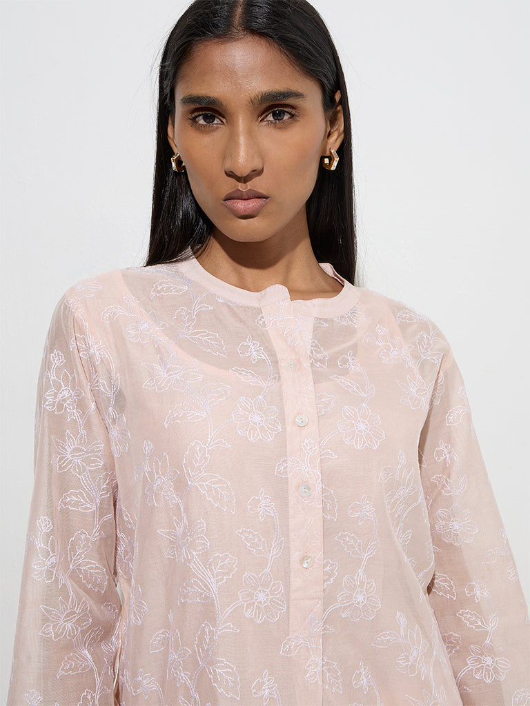 Zuba Dusty Peach Embroidered A-Line Cotton-Blend Kurta