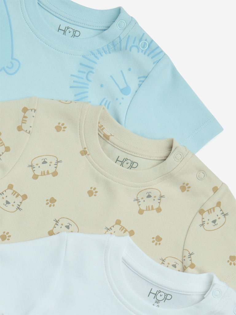 HOP Baby Blue Animal Printed Cotton T-Shirts - Pack of 3