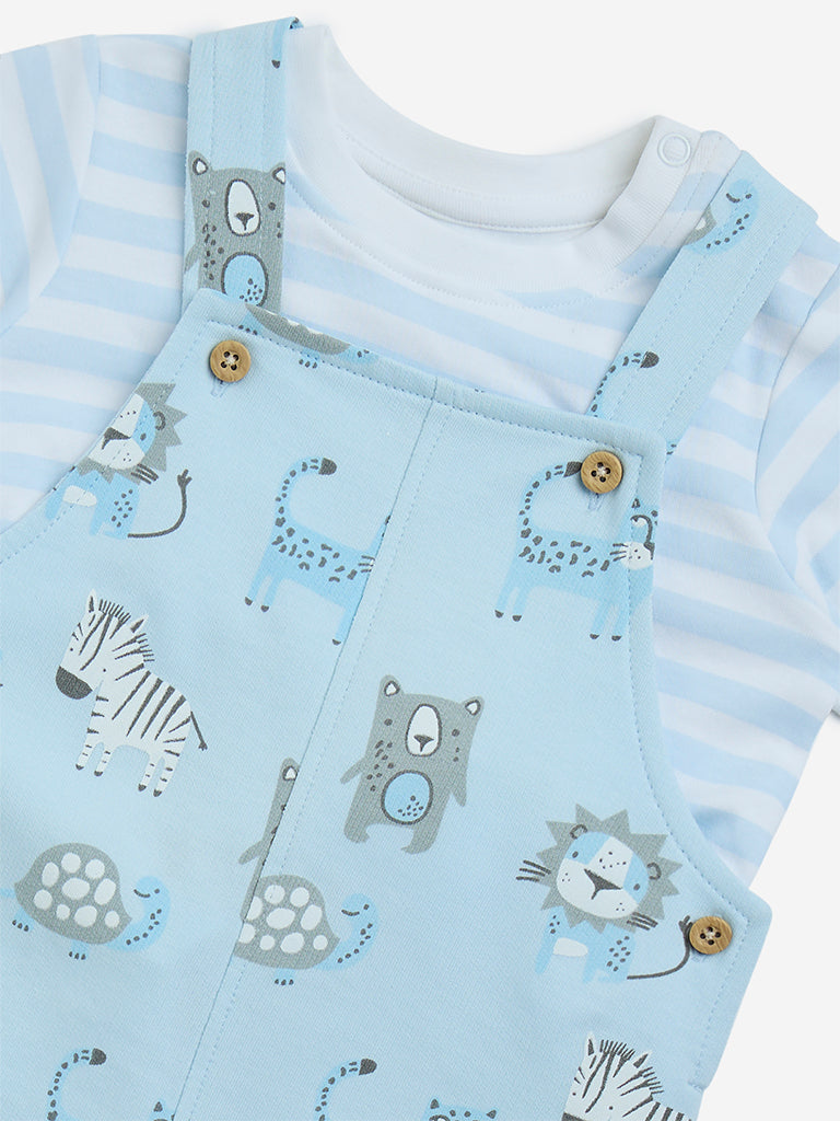 HOP Baby Blue Animal Printed Cotton T-Shirt with Dungaree Set