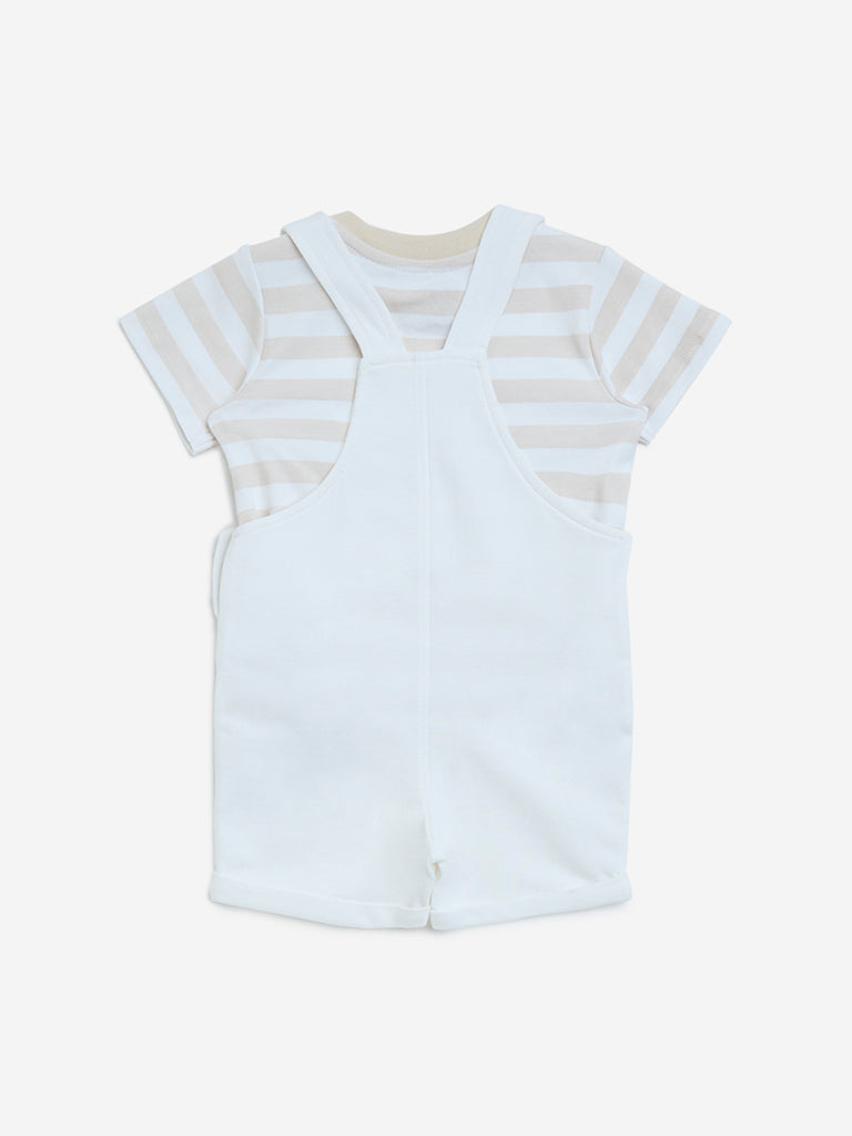 HOP Baby White Animal Printed Cotton T-Shirt and Dungaree