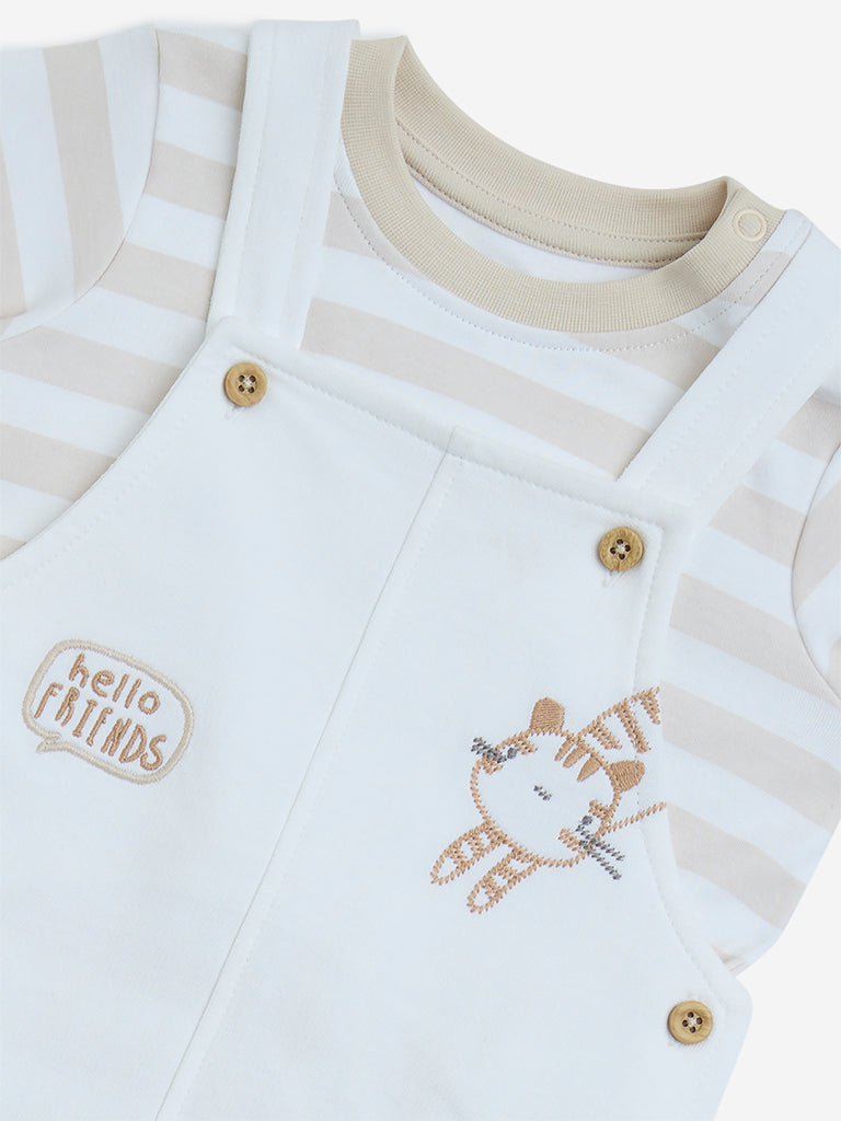 HOP Baby White Animal Printed Cotton T-Shirt and Dungaree