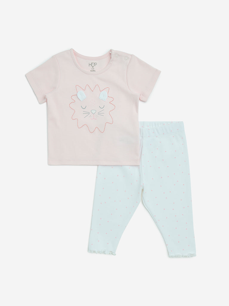 HOP Baby Pink Printed Cotton T-Shirt and Pants Set