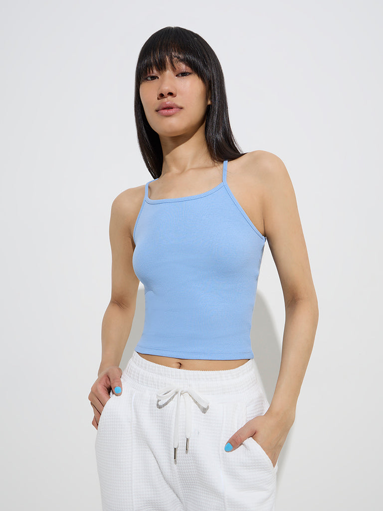 Studiofit Light Blue Ribbed-Textured Cotton-Blend Tank Top