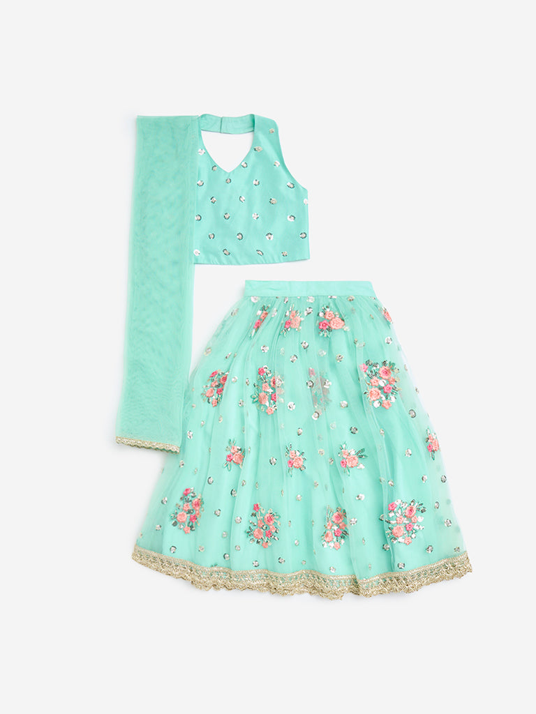 Utsa Kids Green Floral Embellished Choli, Ghagra and Dupatta Set - (2-8yrs)