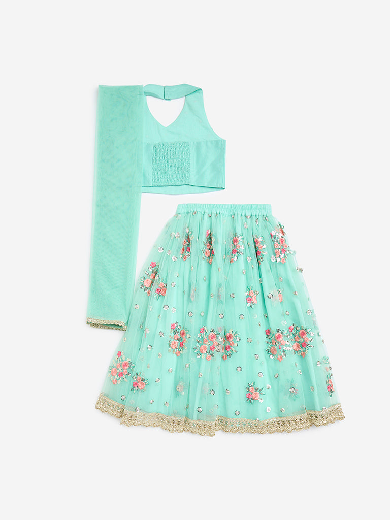 Utsa Kids Green Floral Embellished Choli, Ghagra and Dupatta Set - (2-8yrs)