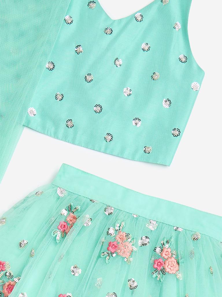 Utsa Kids Green Floral Embellished Choli, Ghagra and Dupatta Set - (2-8yrs)