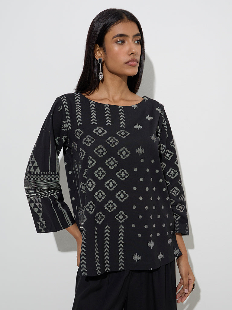 Utsa Black Printed Cotton-Blend Kurti