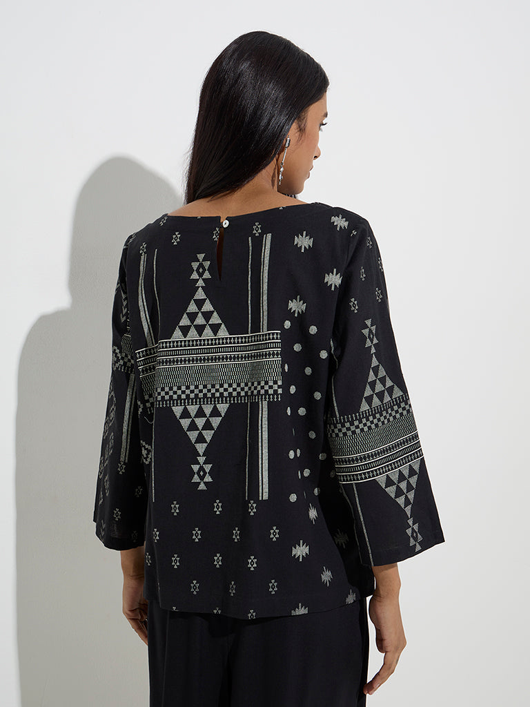 Utsa Black Printed Cotton-Blend Kurti