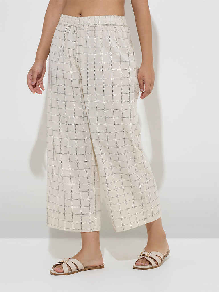 Utsa Off-White Checkered Cotton-Blend Ethnic Pants