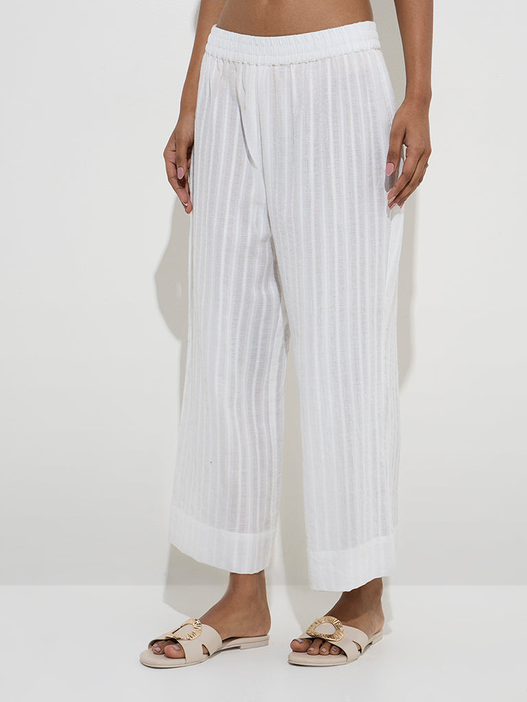 Westside Utsa Women's White Self-Striped Cotton Ethnic Pants for Everyday Front View