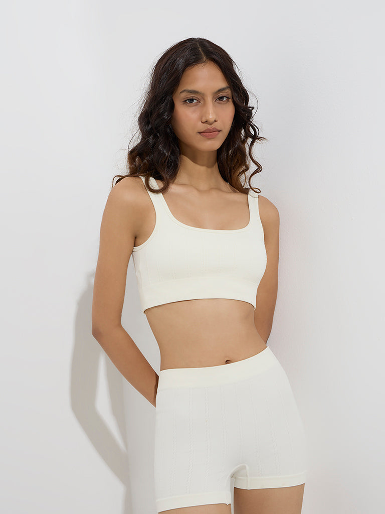 Westside Superstar Women's Off-White Knit-Textured Seam-Free Padded Bra for Casual Wear Front View