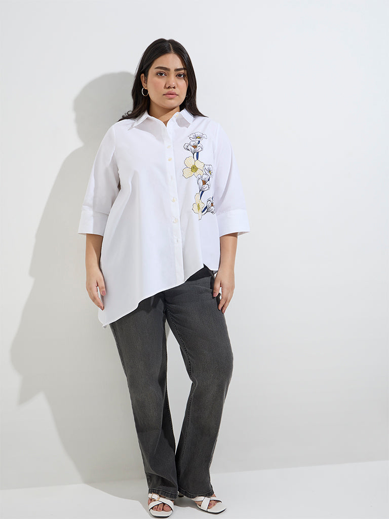 Gia White Floral Embroidered Cotton Shirt