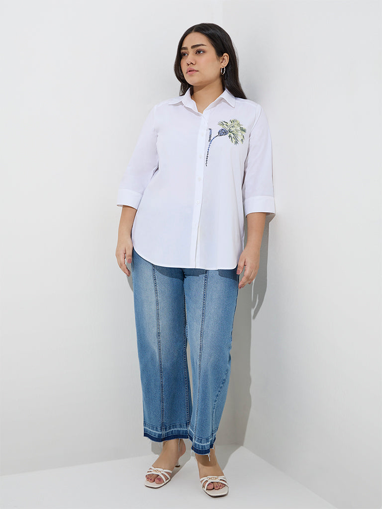 Gia White Floral Embroidered Cotton Shirt