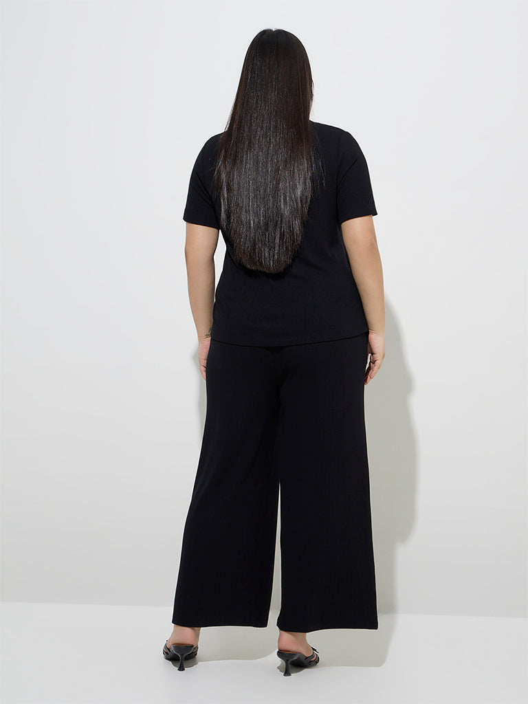 Gia Black Ribbed-Textured High-Rise Trousers