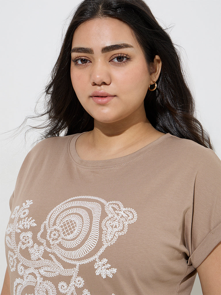 Gia Beige Floral Embroidered Cotton T-Shirt
