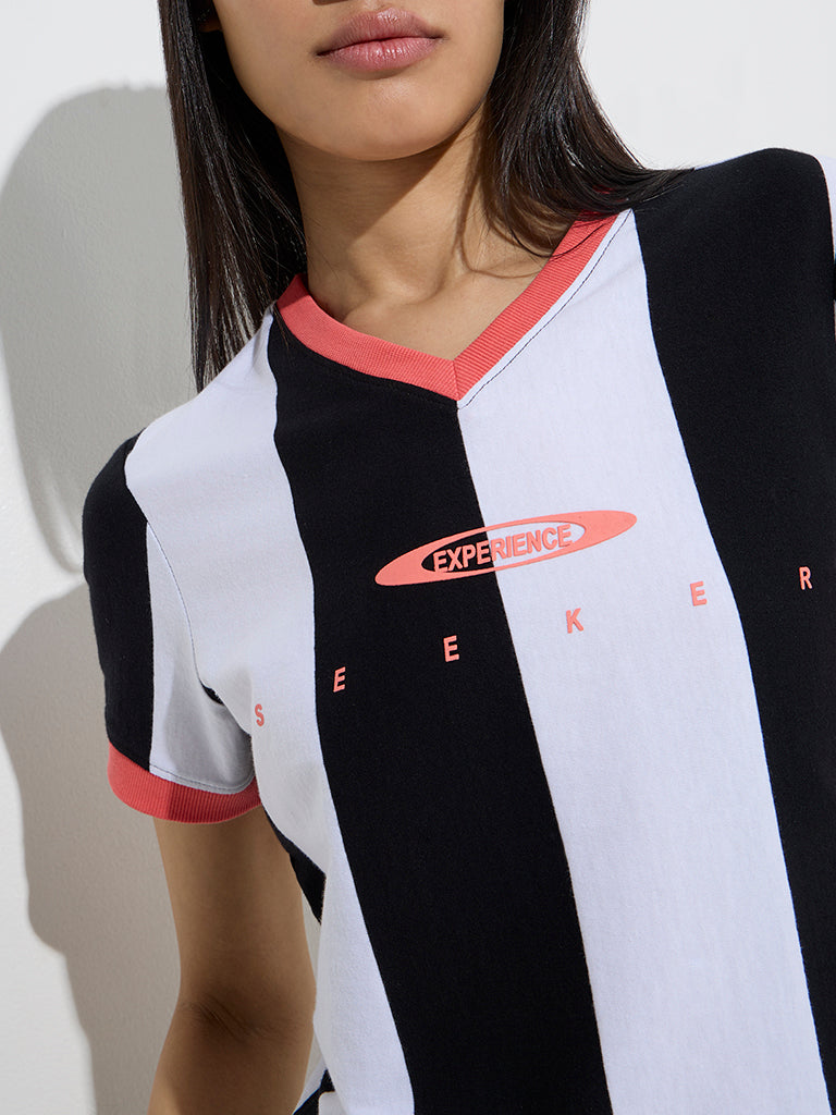 Studiofit White Colour-Blocked Cotton T-Shirt