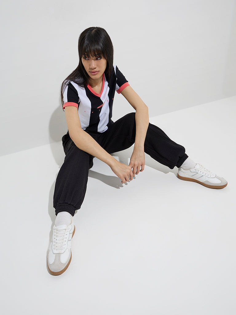 Studiofit White Colour-Blocked Cotton T-Shirt