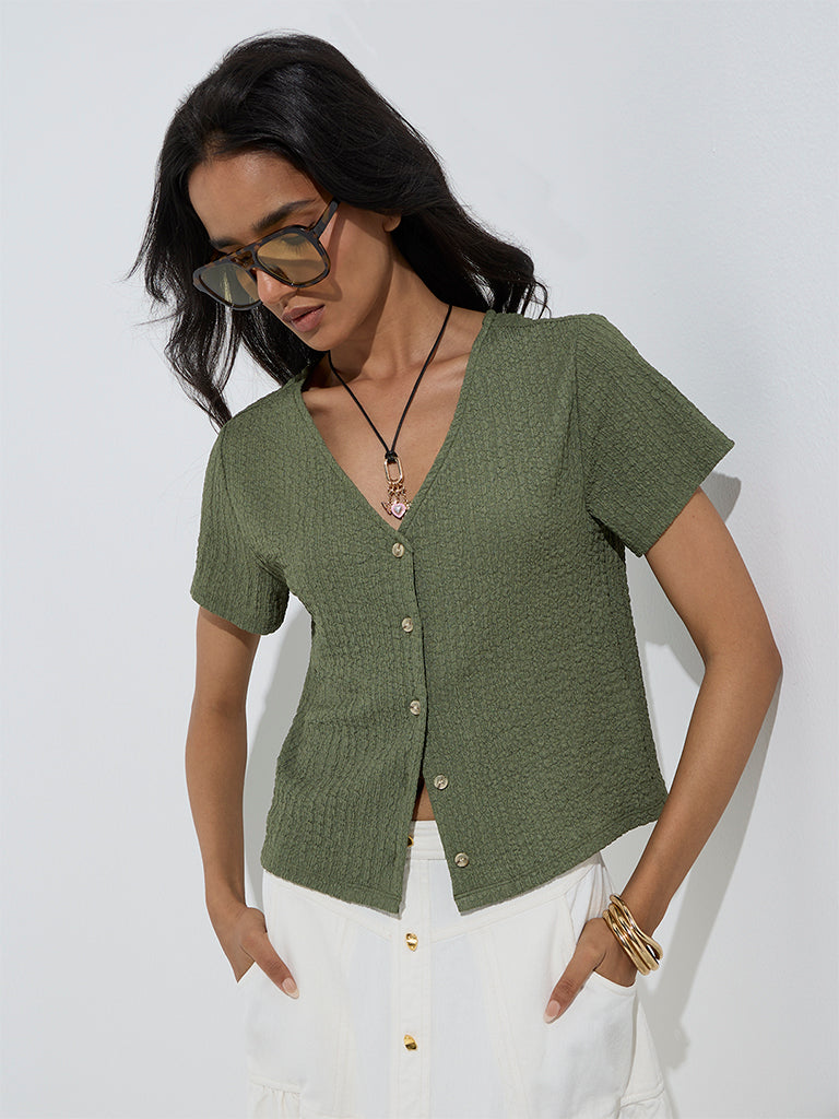 westisde LOV Women's Olive Crinkle-Textured Top for Casual Wear Front View