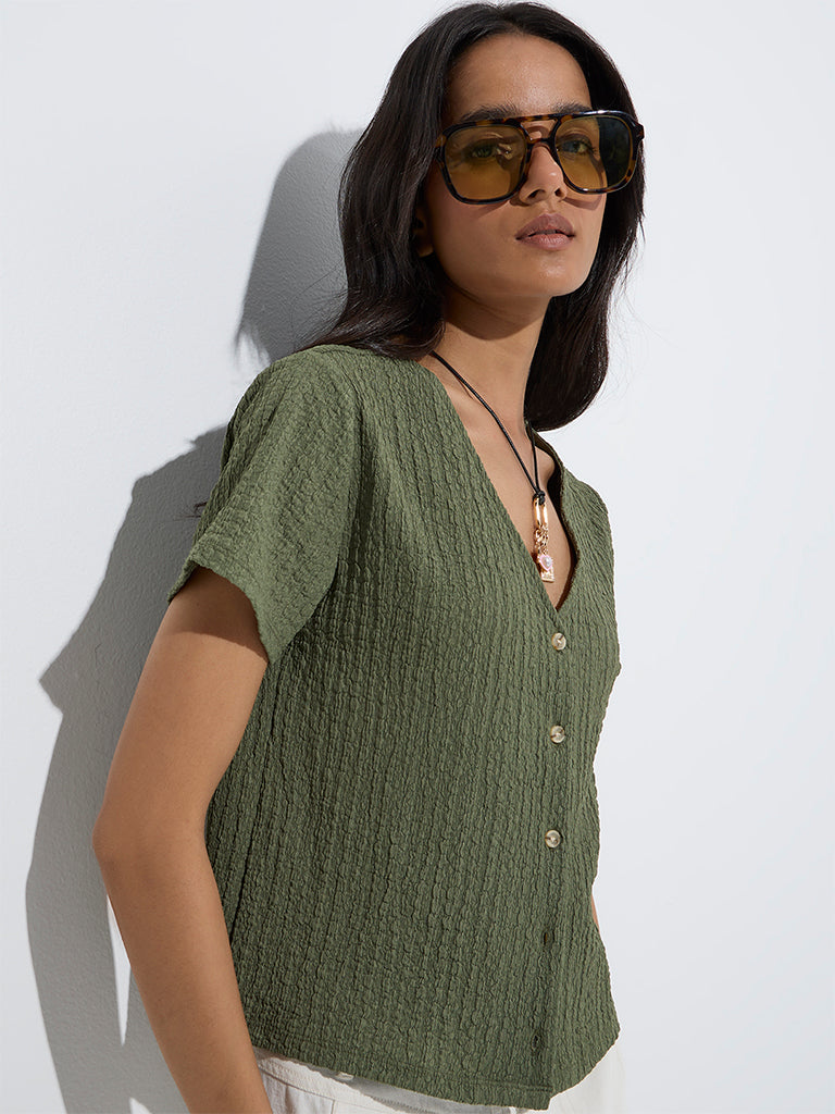 westisde LOV Women's Olive Crinkle-Textured Top for Casual Wear Zoom View