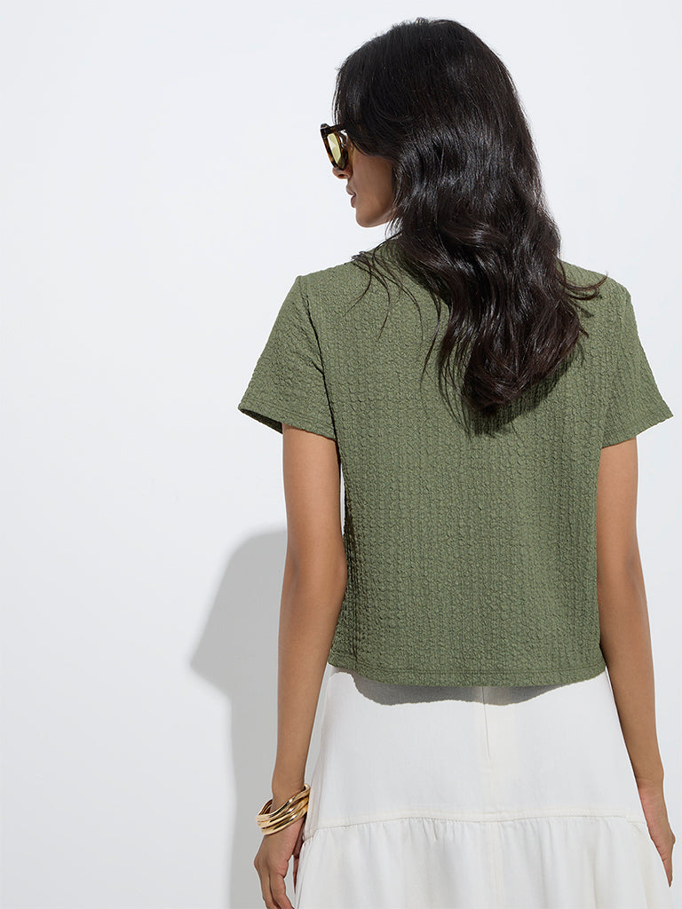 westisde LOV Women's Olive Crinkle-Textured Top for Casual Wear Back View