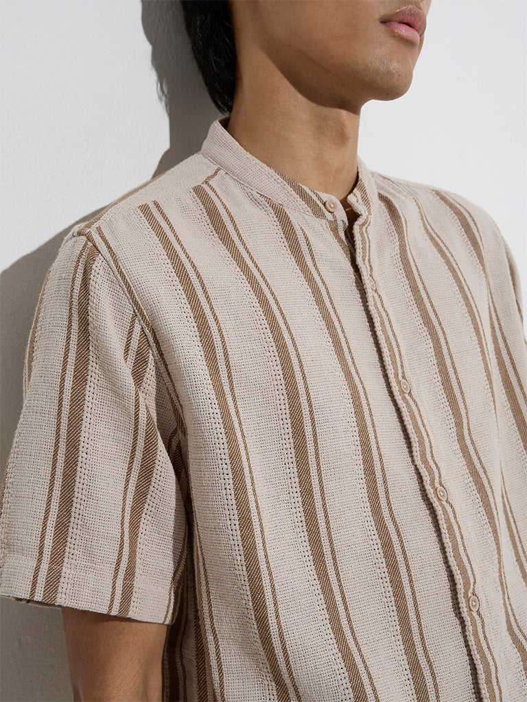 ETA Brown Stripe Printed Relaxed-Fit Cotton Shirt