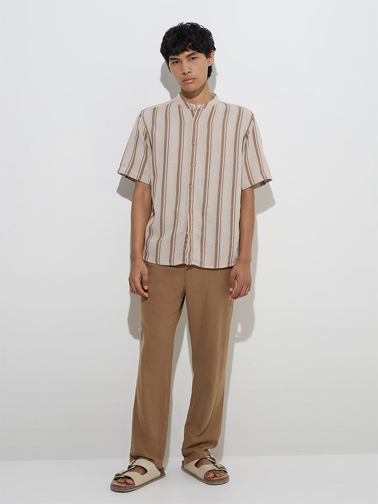 ETA Brown Stripe Printed Relaxed-Fit Cotton Shirt