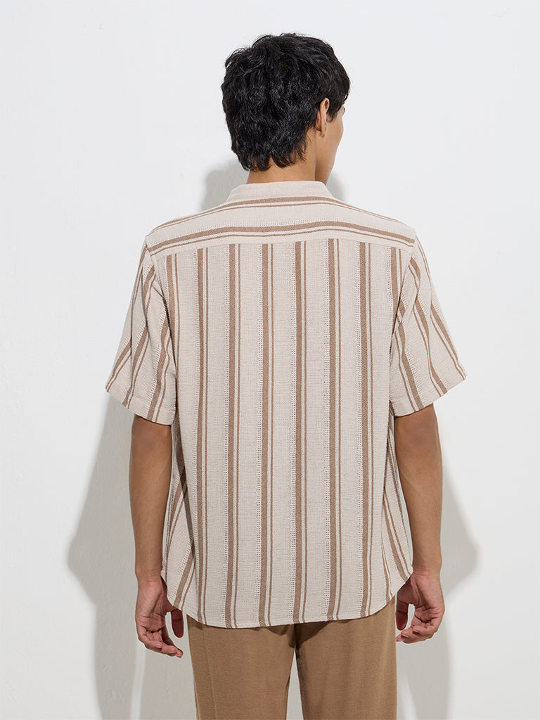 ETA Brown Stripe Printed Relaxed-Fit Cotton Shirt