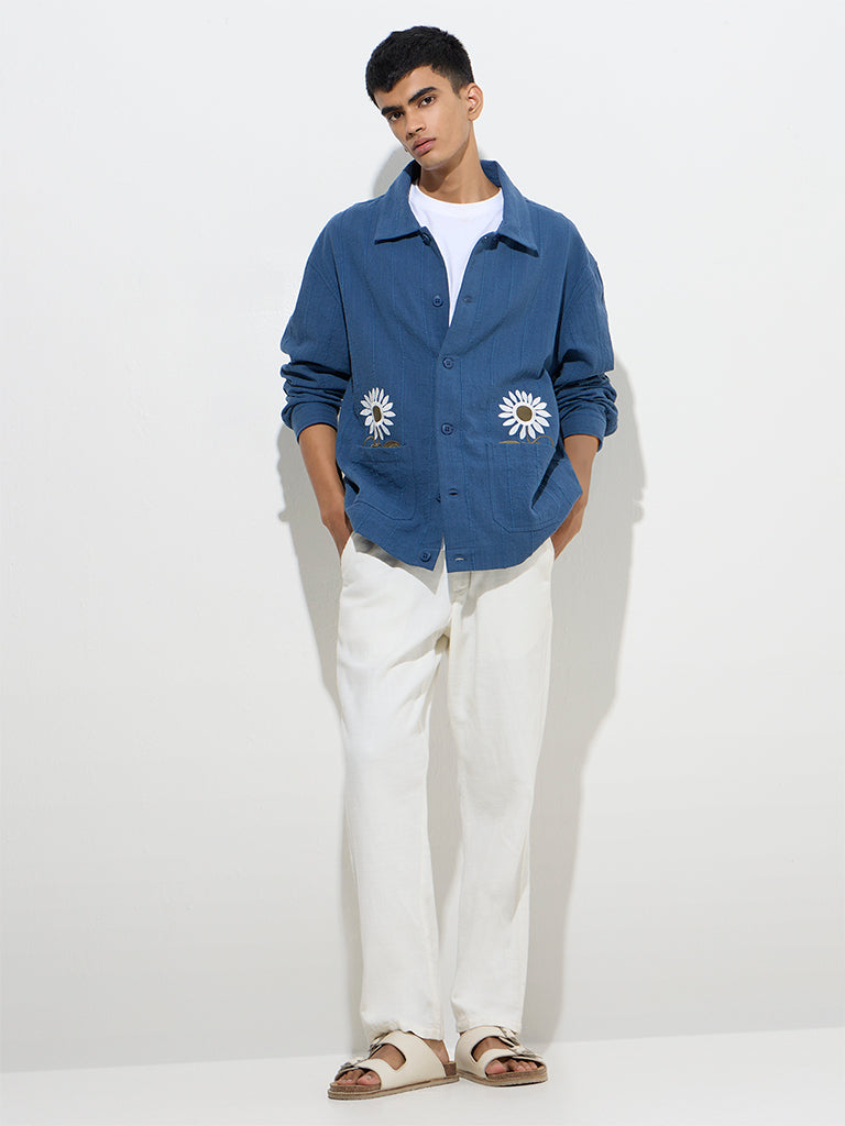 ETA Indigo Floral Embroidered Relaxed-Fit Cotton Shirt