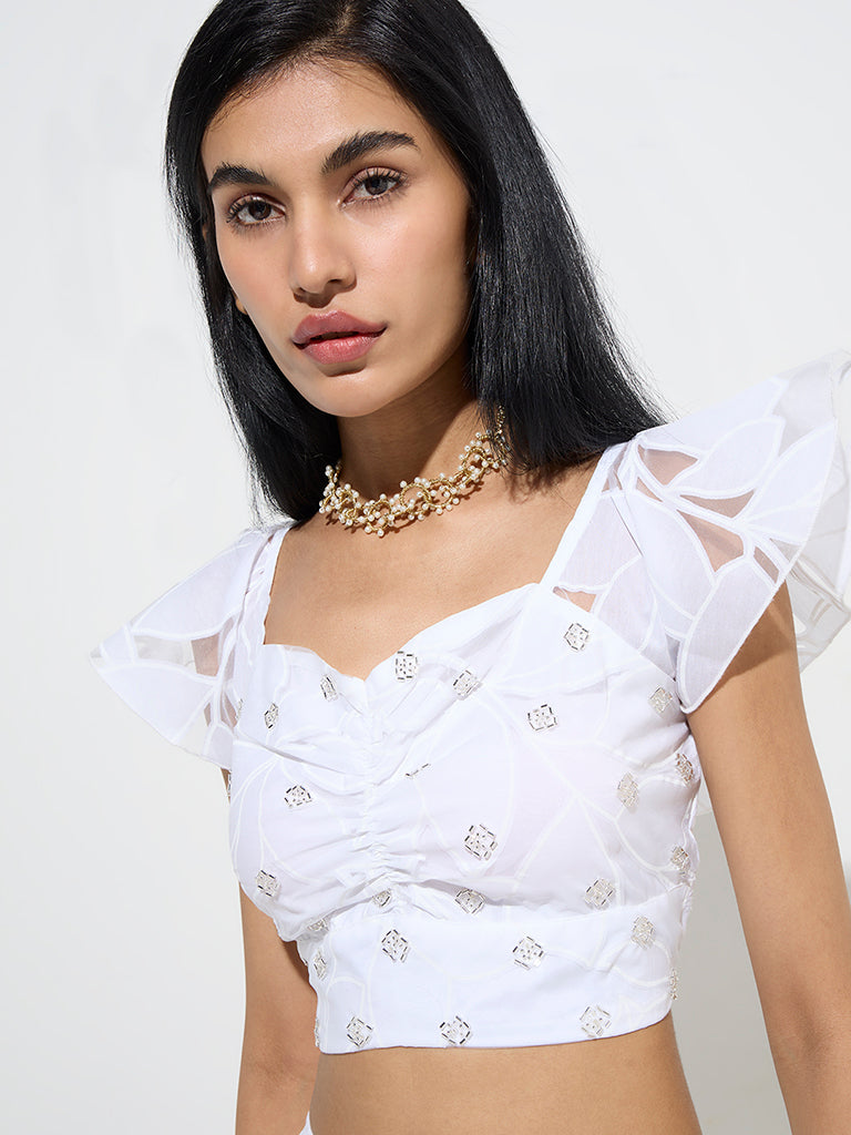 Vark White Embellished Cotton-Blend Blouse