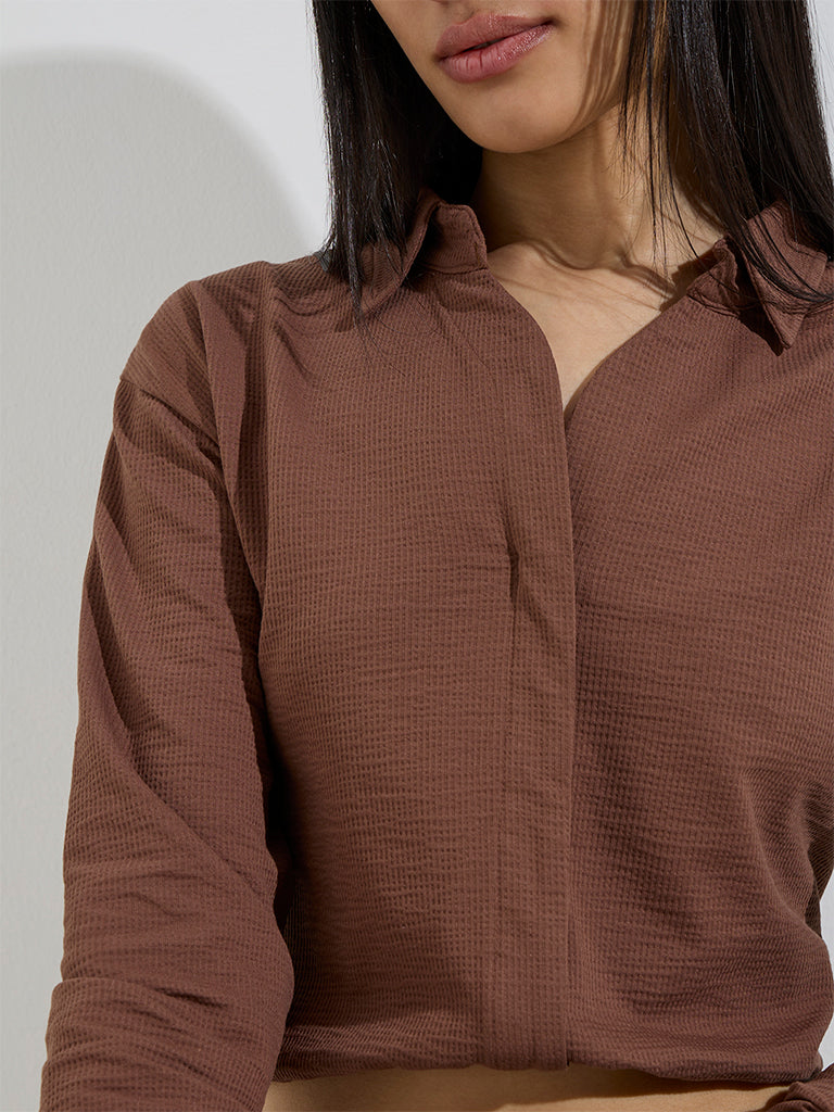 Studiofit Brown Textured Cotton-Blend Top