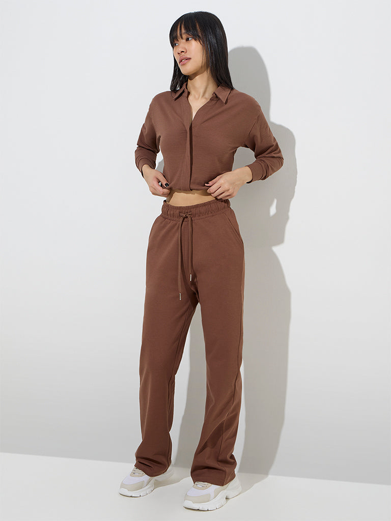 Studiofit Brown Textured Cotton-Blend Top