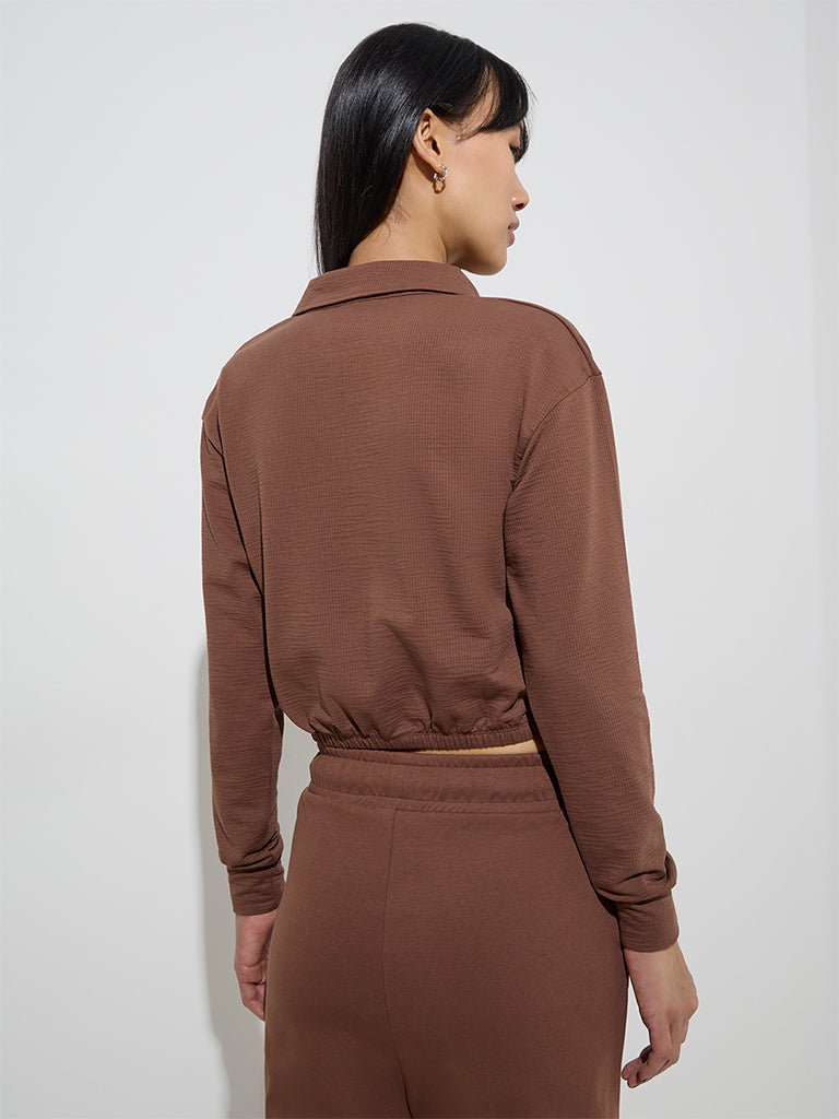 Studiofit Brown Textured Cotton-Blend Top