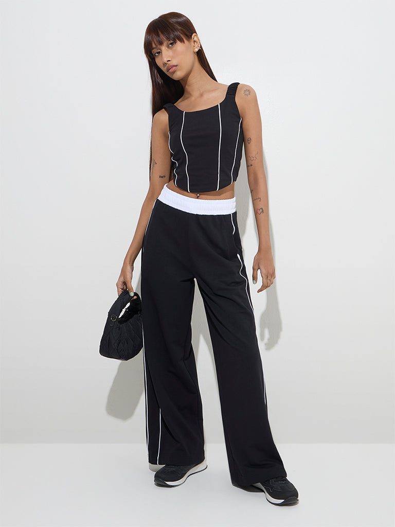 Studiofit Black Corset-Style Cotton-Blend Top