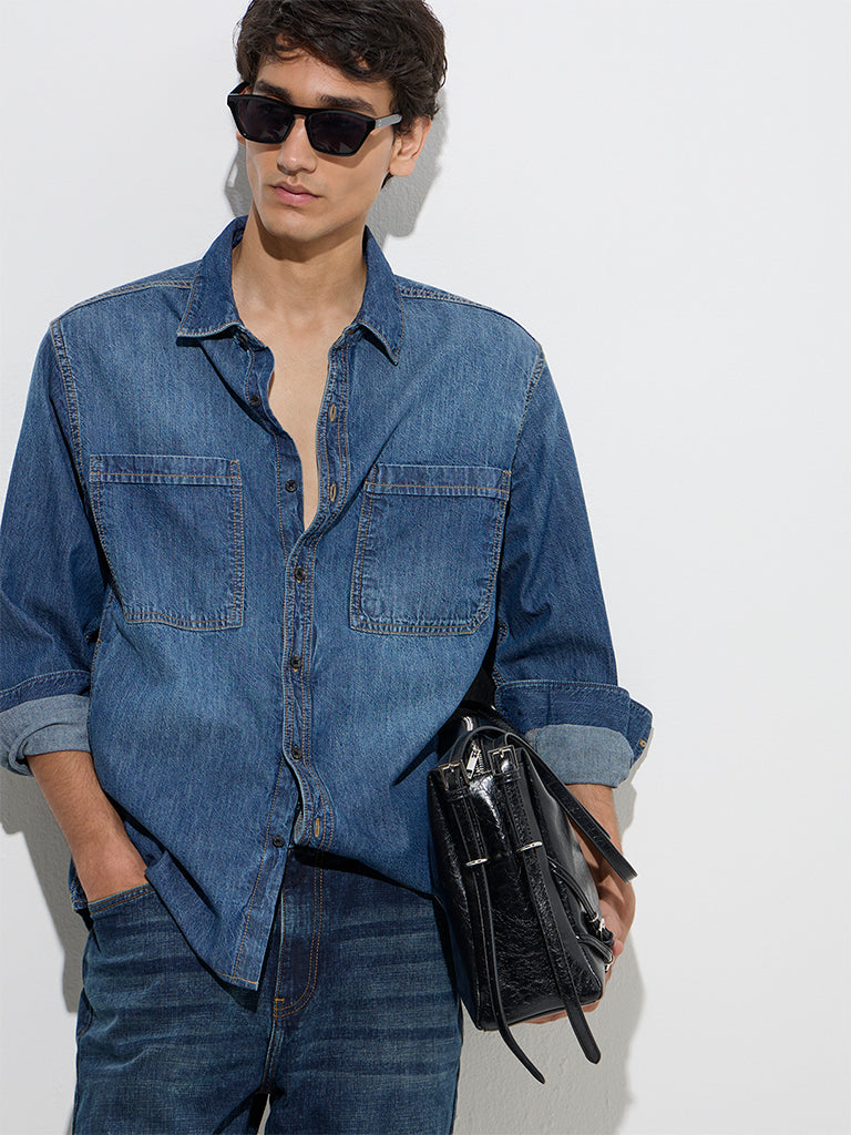 WES Casuals Blue Relaxed-Fit Denim Shirt