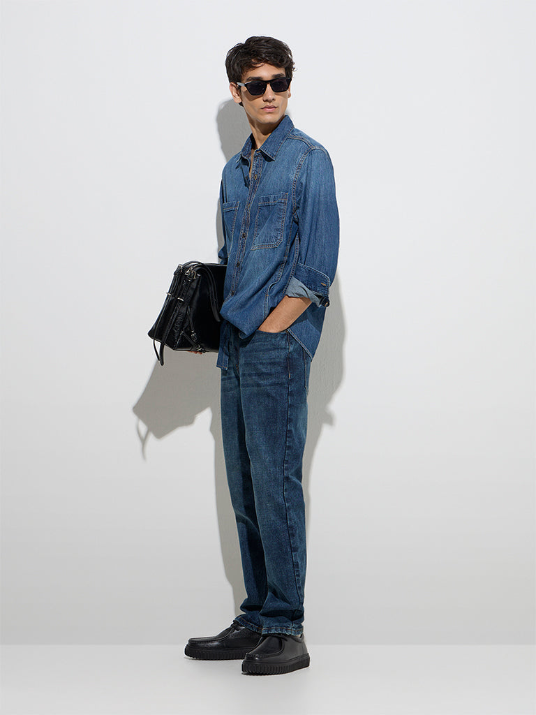 WES Casuals Blue Relaxed-Fit Denim Shirt
