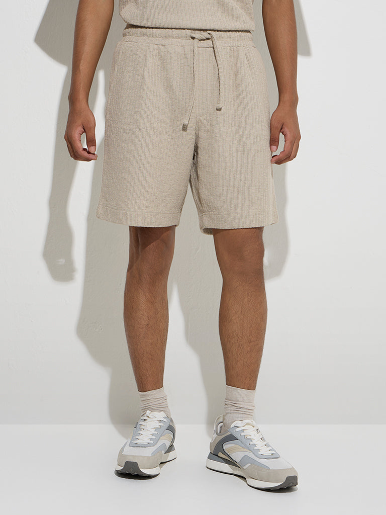 Westside Studiofit Men's Beige Self-Striped Relaxed-Fit Mid-rise Shorts for Sports Wear Front View