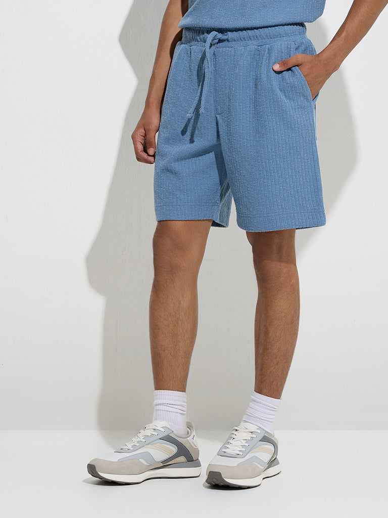 Westside Studiofit Men's Blue Self-Striped Relaxed-Fit Mid-Rise Shorts for Sports Wear Front View