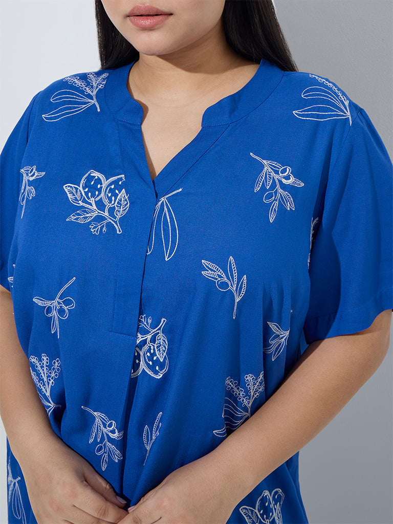 Diza Blue Botanical Embroidered High-Low Kurta